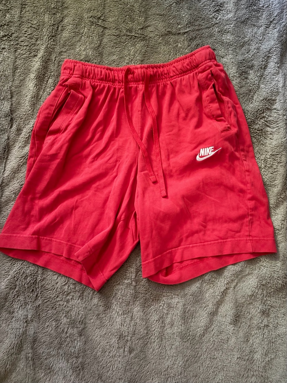 Nike Red Athletic Knit Shorts with White Swoosh